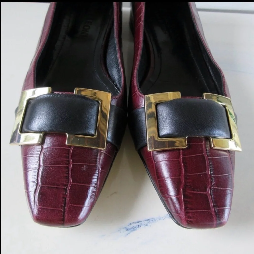 Chic Burgundy Croc-Embossed Flats with Gold Buckle